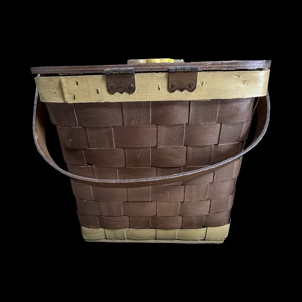 Vintage Hand Painted Wood Splint Basket Folk Art Country Vanity Purse Mirror Lid